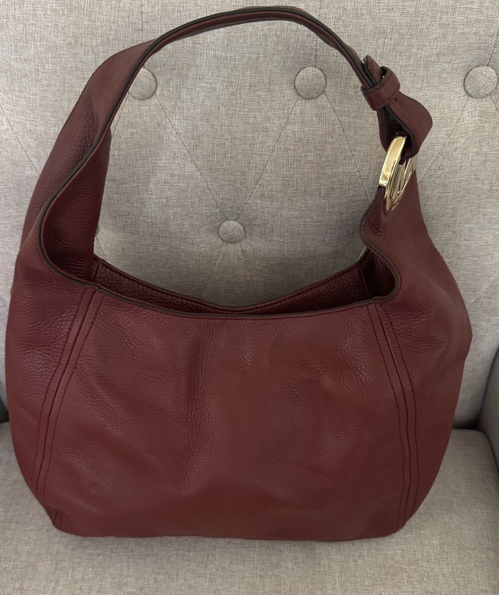 Michael Kors Fulton Hobo Dark Red Pebbled Leather Bag Gold Logo Slouchy Purse